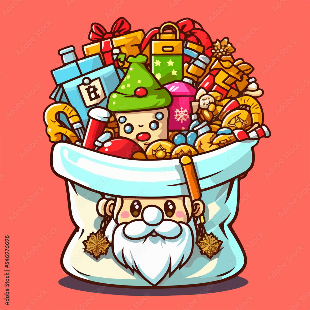 Naklejka premium Christmas santa's bag sticker, xmas bag full of toys printable stickers sheet. Winter holidays