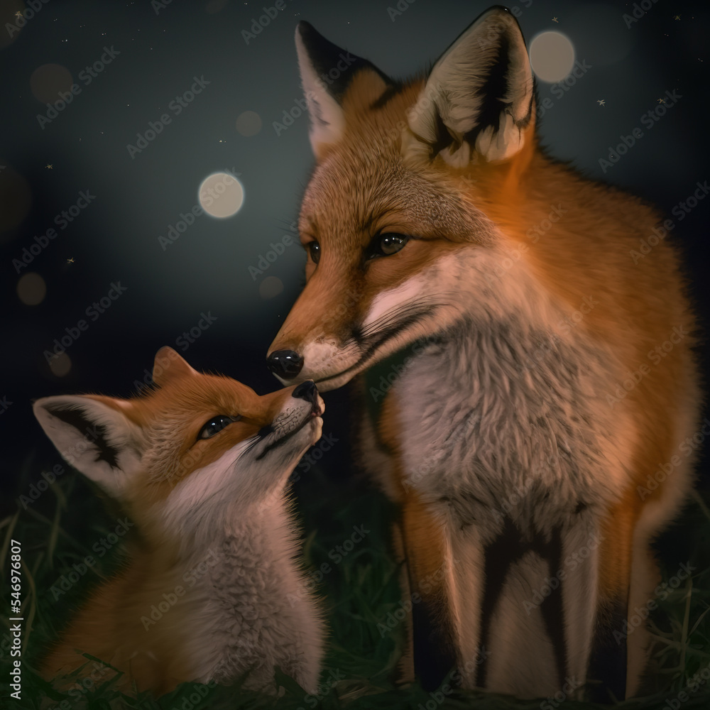 Obraz premium red fox vulpes vixen with cub, motherly love