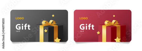 Gift card template with 3d illustration of gift box with golden ribbon and star confetti in black and red colors