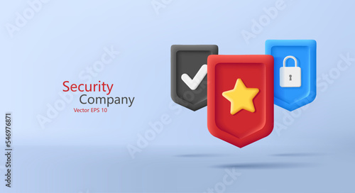 3d render shield icons with satr padlock and checkmark, digital security