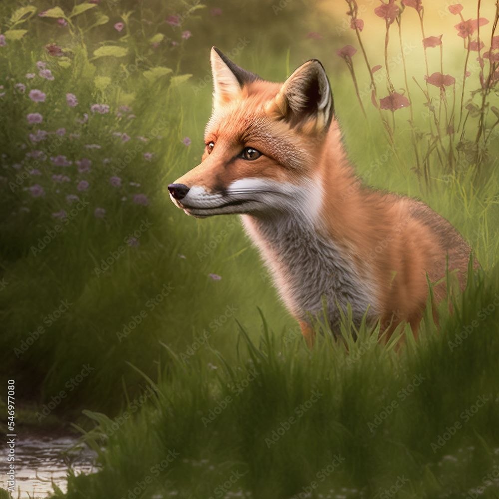Fototapeta premium red fox vulpes in the meadow next go the stream