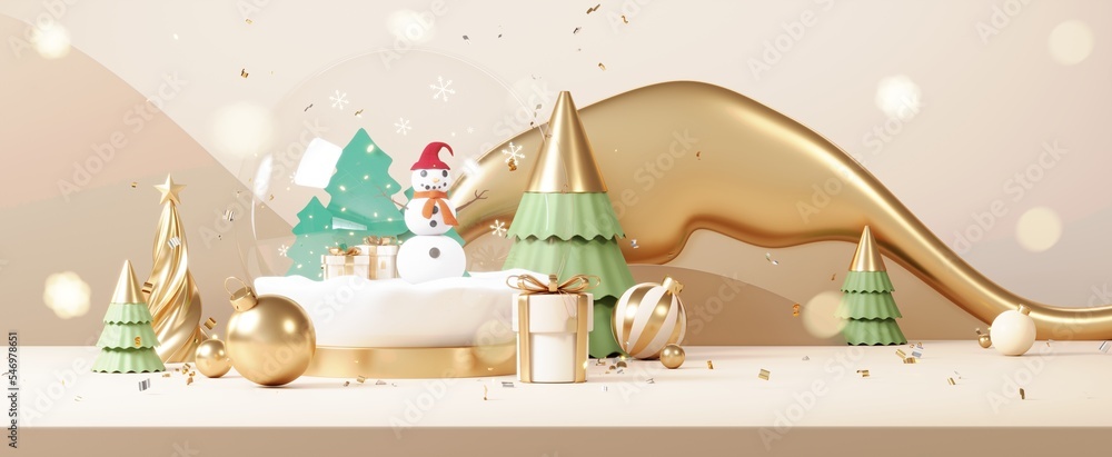 Christmas backgrounds decorate with minimal New year event theme. Merry Christmas scene for product display mock up banner. Gold glass ball in Xmas winter scene. Greeting card new year. 3D render.