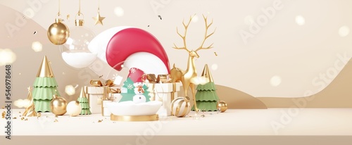 Christmas backgrounds decorate with minimal New year event theme. Merry Christmas scene for product display mock up banner. Gold glass ball in Xmas winter scene. Greeting card new year. 3D render.