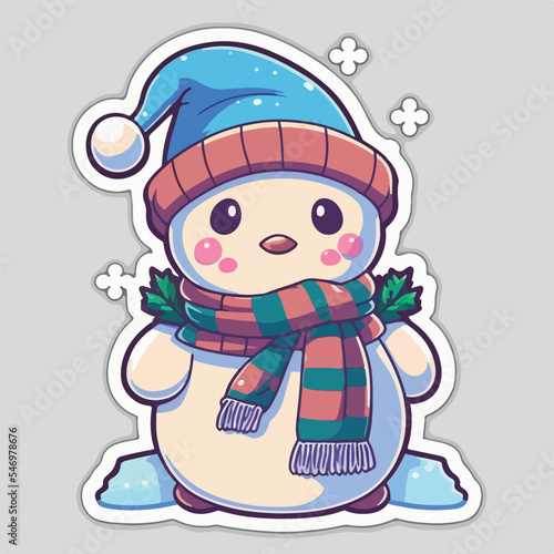 Christmas snowman cartoon sticker, xmas snowman in hat printable stickers sheet. New-year collection