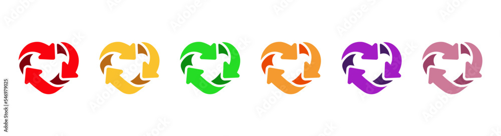 Heart recycle symbol, icon set. Heart with arrows. Vector EPS10 Heart recycle symbol, icon set. Heart with arrows. Vector EPS10