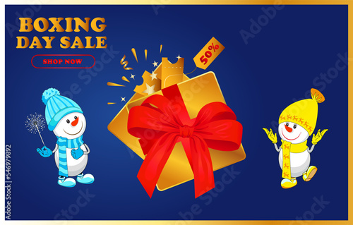 Merry Christmas! Funny snowmen. Boxing Day. Sale. Card. Blue background.