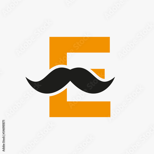 Letter E Barbershop Logo Design. Hairstylist Logotype For Mustache Style and Fashion Symbol