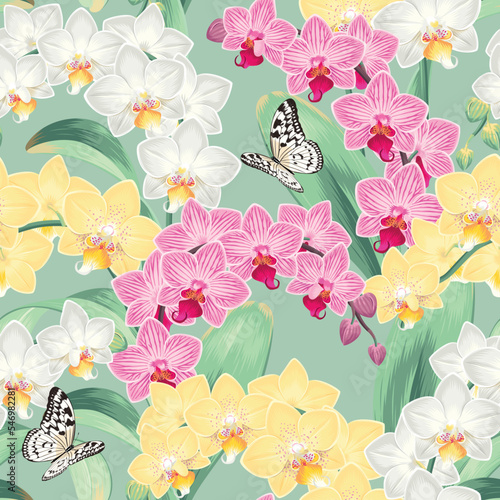 Seamless pattern with pink and yellow orchids