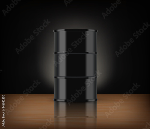 Black oil barrel with reflection on a table. 3d vector mockup