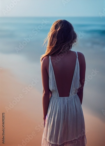 Woman on the beach at sunset. Back view. Beautiful white dress and bare back.