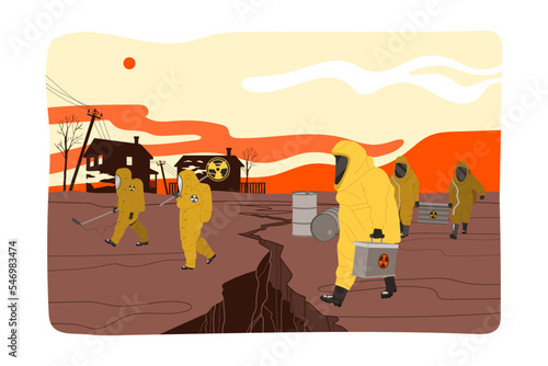 Danger of Nuclear Catastrophe with People in Hazardous Outfit After Atomic Explosion Vector Illustration