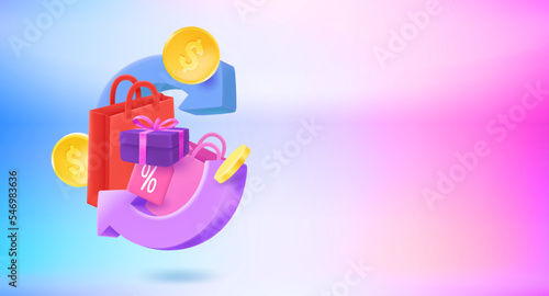 Shopping cashback concept with shopping bags. 3d vector banner with copy space