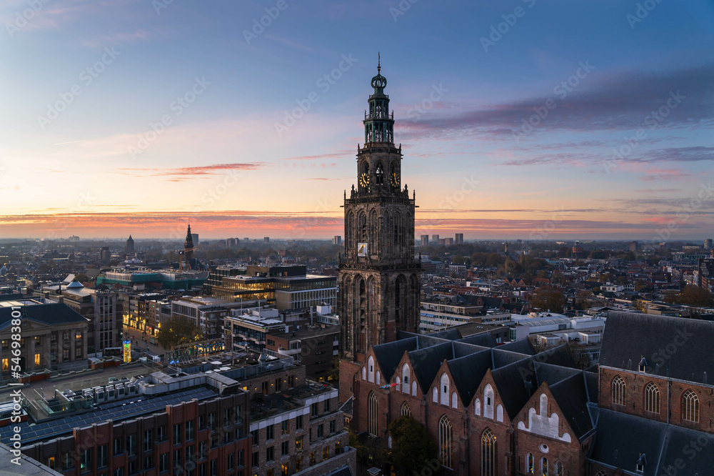 Dusk over the historical city centre of Groningen on a beautiful day.