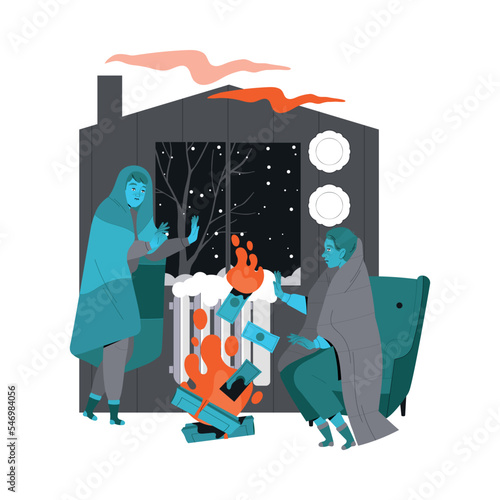 Energy Crisis and Disaster with Man Character Wrapped in Blanket Burning Fire at Home Trying to Warm Vector Illustration
