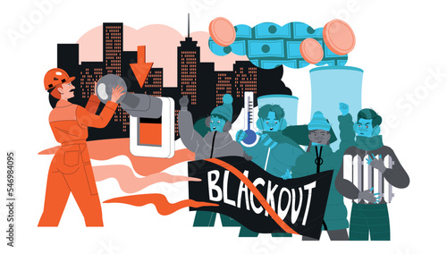 Energy Crisis and Disaster with Electricity Supply Blackout and People at Protest Vector Illustration