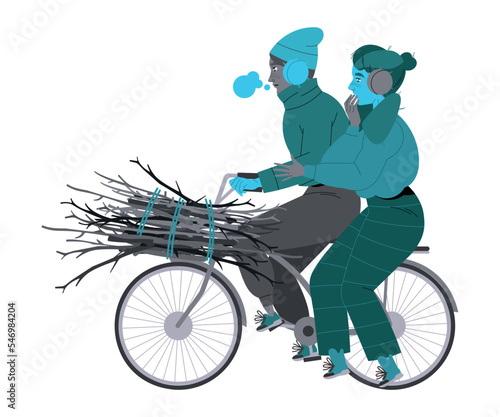 Freezing from Cold Man and Woman Character Riding Bicycle with Brushwoods Vector Illustration