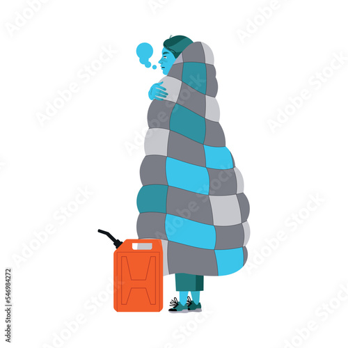 Freezing from Cold Man Character Wrapped in Blanket Standing Near Petrol Can Vector Illustration