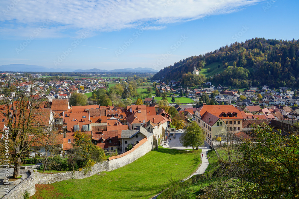 Idyllic panoramic view of beautiful and Picturesque cityscape of Skofja Loka. Small historic town in Slovenia. Copy space for text
