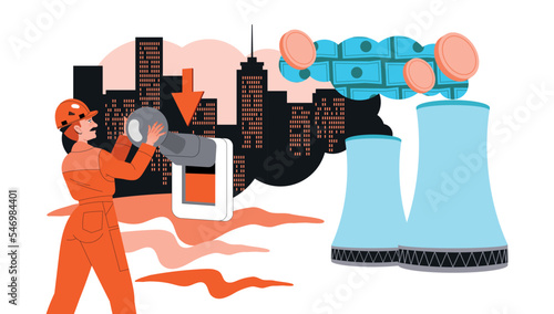 Man Electrician Turning Off Electricity Switch as Energy Crisis and Disaster Vector Illustration