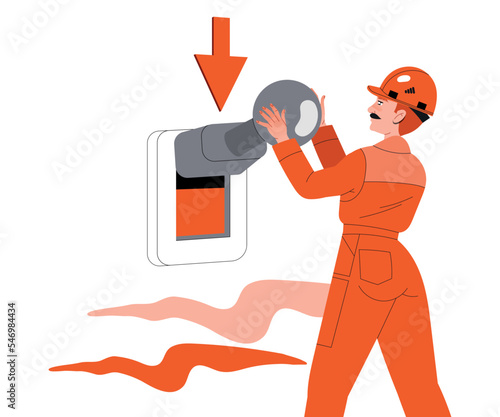 Man Electrician Turning Off Electricity Switch as Energy Crisis and Disaster Vector Illustration
