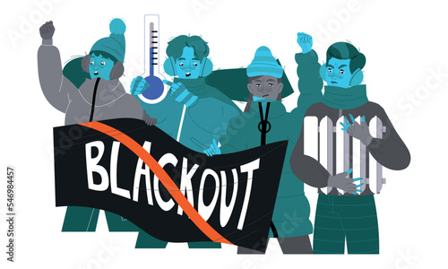 Mass Protest with People Activist Against Energy Crisis and Disaster with Electricity Supply Blackout Vector Illustration