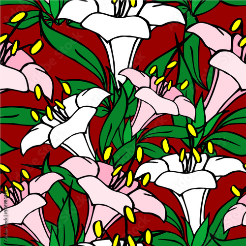 seamless symmetrical graphic pattern of white and pink flowers on a red background, texter, design