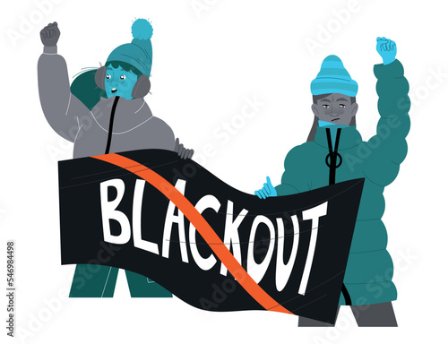 Mass Protest with Woman Activist Against Energy Crisis and Disaster with Electricity Supply Blackout Vector Illustration