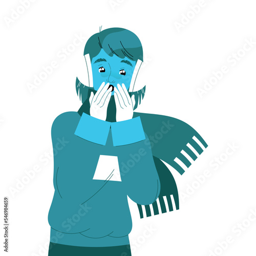 Freezing from Cold Woman Character in Scarf Breathing on Hands Warming Them Vector Illustration