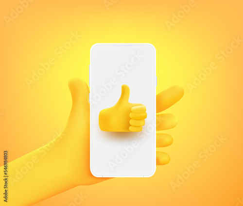 Cute comic hand with thumbs up icon on smartphone. 3d vector illustration