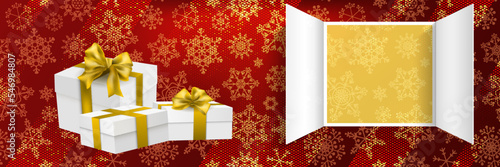 Christmas advent door opening. Realistic an open wide doors with white with gold ribbon gift surprise on red. Template to reveal message. Merry Christmas poster concept. Festive vector illustration