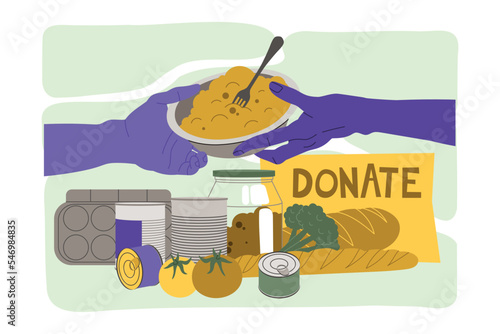 Food Crisis and Shortage with Hand Giving Plate with Cooked Meal Vector Illustration