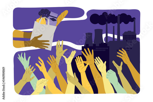 Food Crisis and Shortage with Hand Donating Product Bag to Crowd of Reaching Hands Vector Illustration