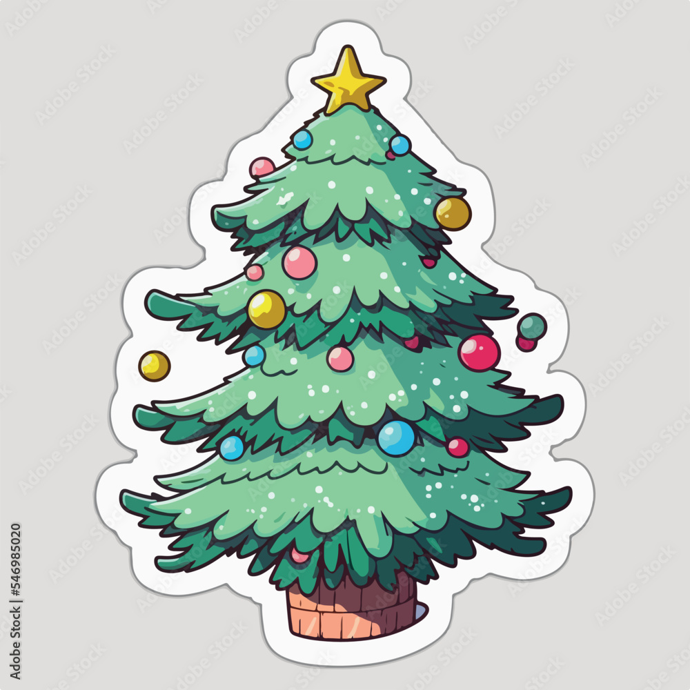 Christmas tree cartoon sticker, xmas tree with toys stickers collection. New-year holidays Christmas tree cartoon sticker, xmas tree with toys stickers collection. New-year holidays