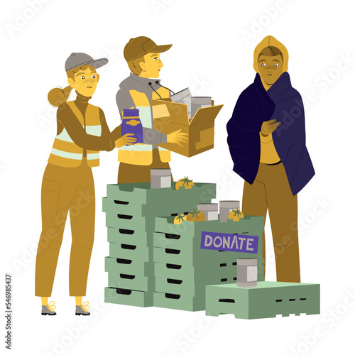 Man and Woman Volunteer Giving Food in Crate and Box Engaged in Charity Activity Donating It to Needy Vector Illustration