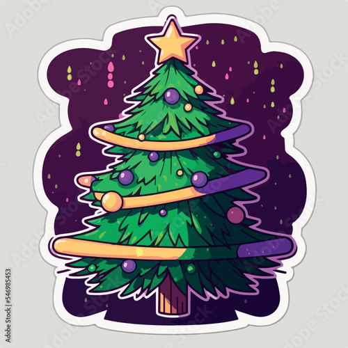 Sticker template with christmas tree, xmas tree with toys stickers isolated decoration.