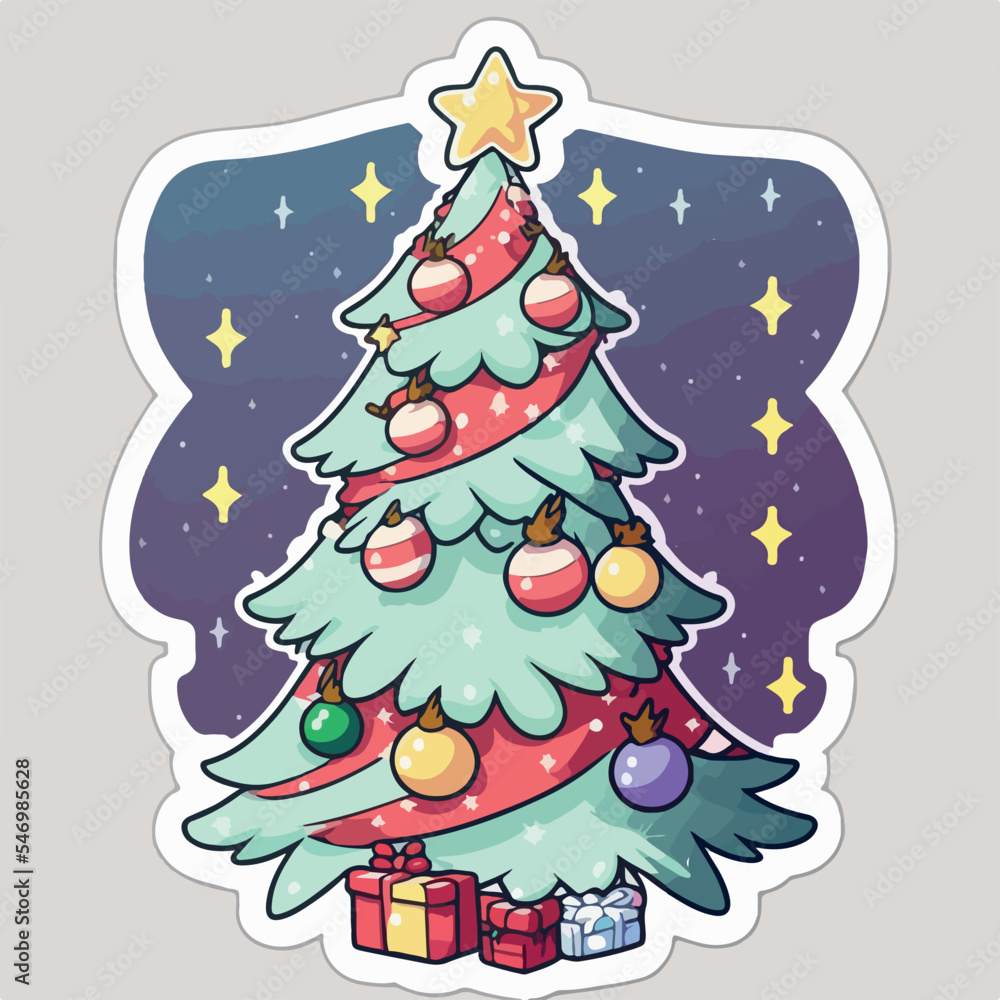 Christmas tree cartoon sticker, xmas tree with toys stickers pack. New-year holidays