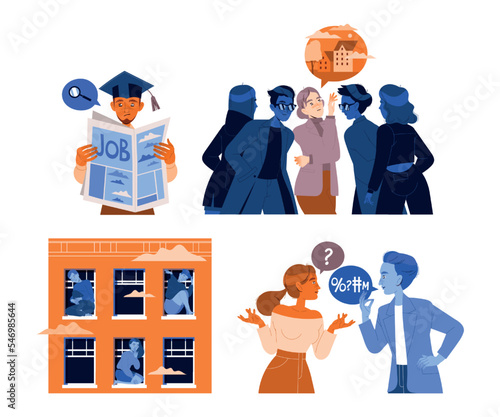Mass Emigration with People Characters Adapting and Settling in New Country Vector Set
