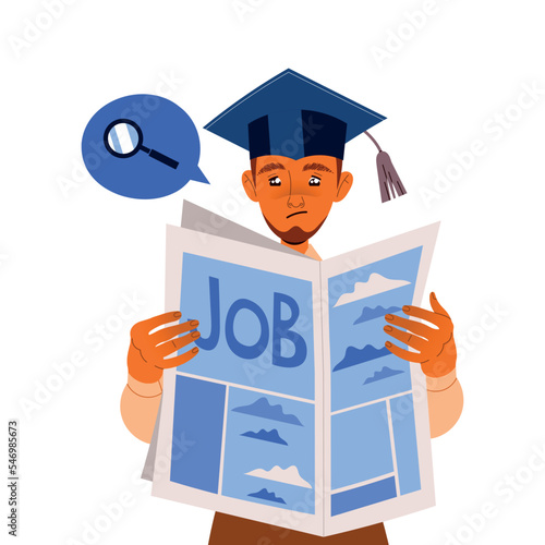 Man in Graduation Cap Searching fot Job in Newspaper as Mass Emigration Vector Illustration