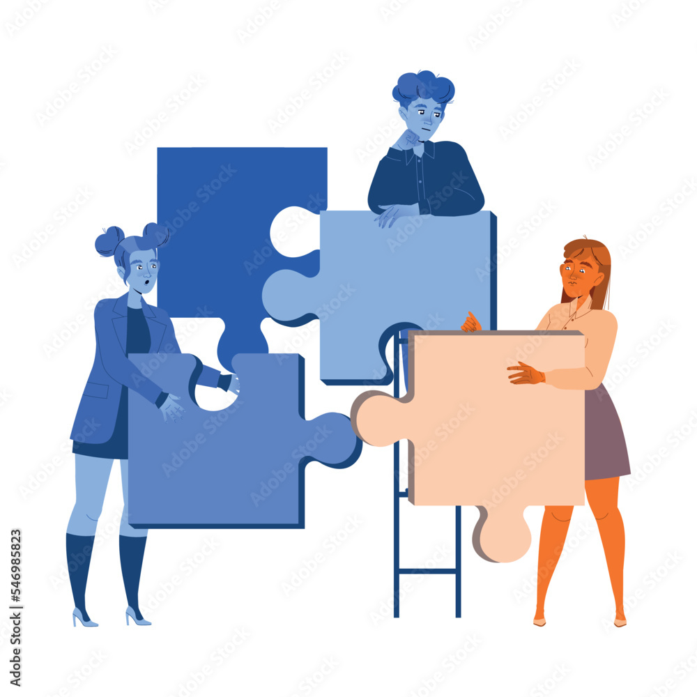 Man and Woman with Jigsaw Puzzle as Mass Emigration Vector Illustration