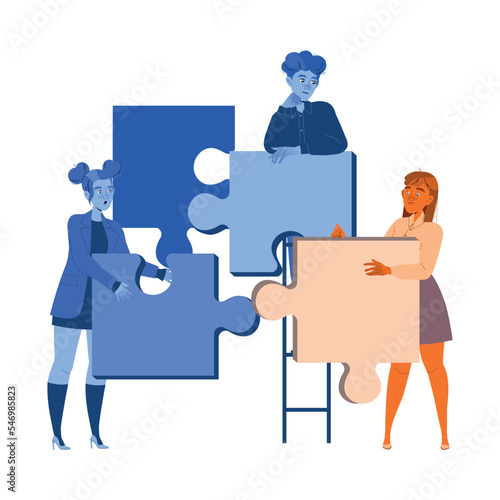 Man and Woman with Jigsaw Puzzle as Mass Emigration Vector Illustration
