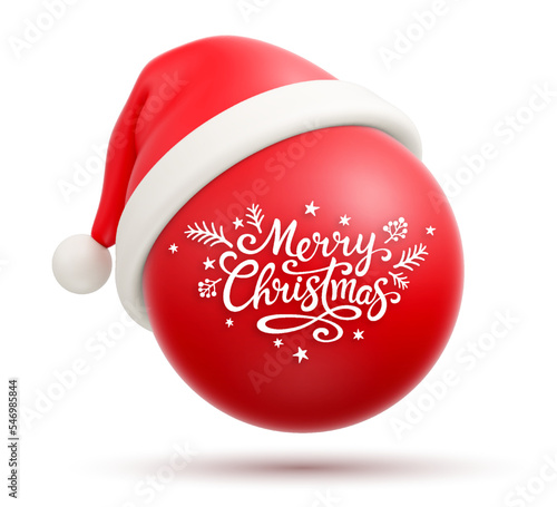 Red cartoon Santa Claus Christmas hat on simple red ball with hand lettering calligraphy isolated on white background. Merry Christmas and Happy New Year concept. Vector illustration