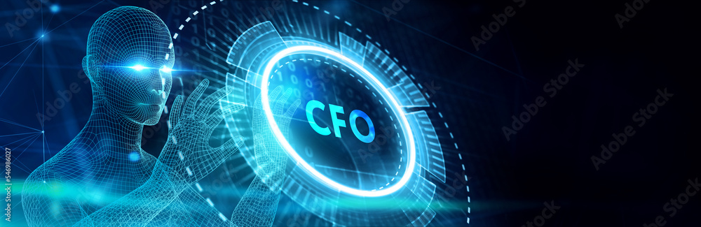 Business, Technology, Internet and network concept. Young businessman working on a virtual screen of the future and sees the inscription: CFO. 3d illustration