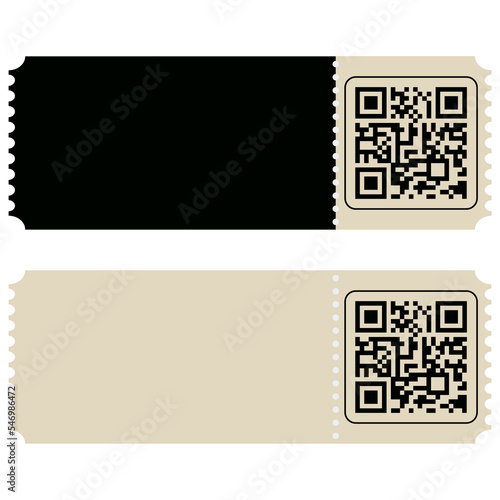 Blank ticket template with QR code. Event tickets, airplane boarding pass. Cinema movie theater cards, lottery coupon. Concert, festival or circus paper empty flyers, exact vector set