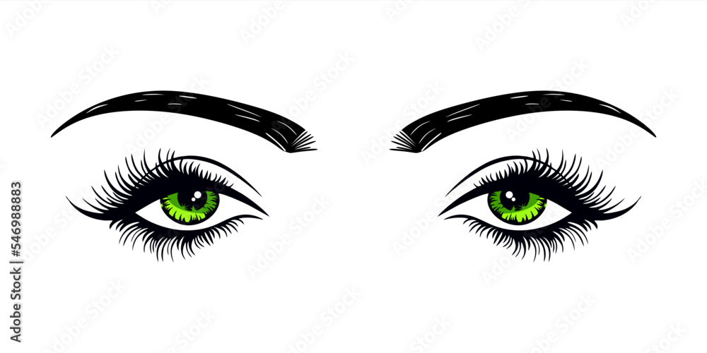 Green female eyes with extended eyelashes and eyebrow. Cat eye. Flat style with hand drawn lashes and brow. Business card idea, vector typography. Perfect green woman's eyes on white background. eps10