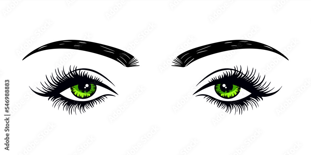 Green female eyes with extended eyelashes and eyebrow. Cat eye. Flat style with hand drawn lashes and brow. Business card idea, vector typography. Perfect green woman's eyes on white background. eps10 Green female eyes with extended eyelashes and eyebrow. Cat eye. Flat style with hand drawn lashes and brow. Business card idea, vector typography. Perfect green woman's eyes on white background. eps10