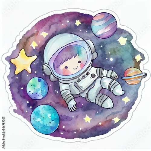 Cute astronaut floating in space. Sticker logo cartoon art.