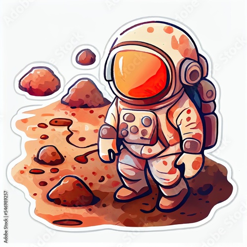 Cute astronaut on Mars. Sticker logo cartoon art.