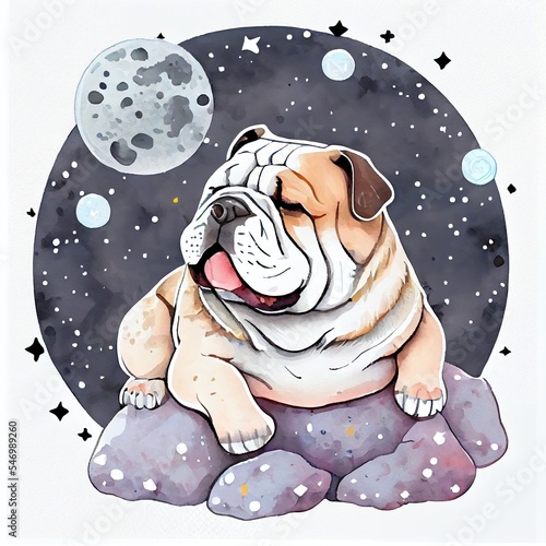 Bulldog on moon rock. Sticker logo cartoon art.