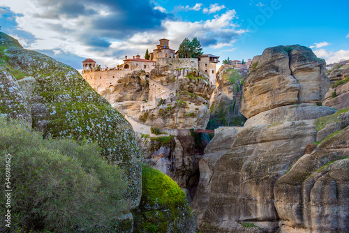View of Meteora Monastery  Greece. Geological formations of big rocks with Monasteries  on top of them.
