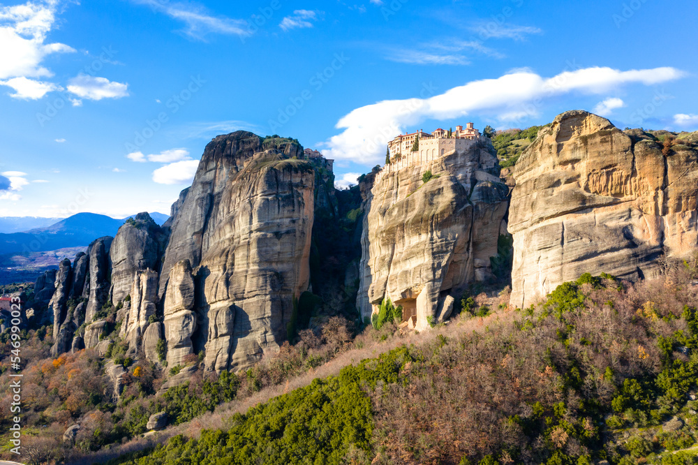 View of Meteora Monastery, Greece. Geological formations of big rocks with Monasteries  on top of them.